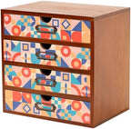 Add Color To Your Desk - MCM Geometric Wooden Desk Organizer - Desktop Storage with 4-Drawer - Wood Cabinet for Office Supplies, Craft Tools, & Home, Countertop, Tabletop Organization by PrimoSupply