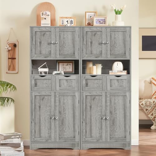 Iwell Tall Storage Cabinet with Adjustable Shelf, Bathroom Cabinet with 2 Drawers, Linen Cabinet for Living Room, Grey - Image 6