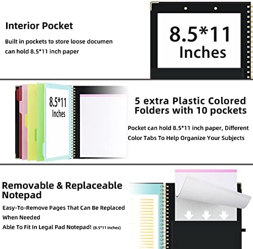 Ospelelf Clipboard with Storage 8.5 X 11，Padfolio Organizer, Spiral Portfolio Letter Size with Notepad, Pen Holder, 5 Extra Folder Divider Pages, Elastic Closure Nurse Office Essentials (Black) - Image 3