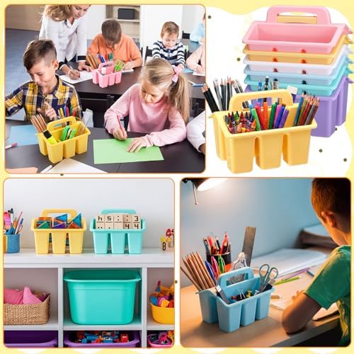 Qunclay 12 Pack Plastic Caddy with Handle Pastel Color 4 Compartment Classroom Caddies Organizer Protable Craft Storage Classroom Caddy Organization for Teachers Pencil Crayon Marker School Supplies - Image 6