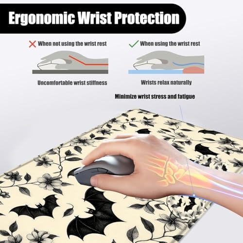Mouse Pad,Large Desk Mat Set, 4in1 XL Mousepad + Keyboard Wrist Rest+Mouse Wrist Rest+Coaster with Ergonomic Desk Pad for Home Office Table Computer Cover -Floral Bats Pattern - Image 5