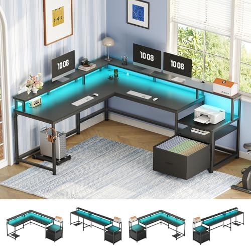 SEDETA 66" Reversible L Shaped Computer Desk with Power Outlet, File Drawer by SEDETA