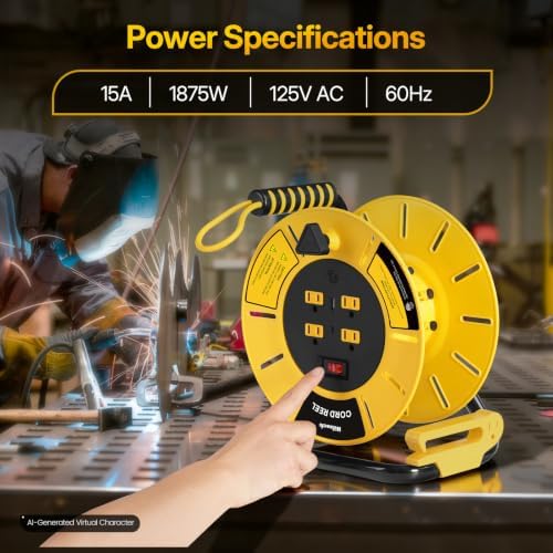 Extension Cord Storage Reel with 4-Grounded Outlet & 2 USB Port, 15A Circuit Breaker, Heavy Duty Open Cord Reel for 12/3,14/3 Gauge Power Cord, Hand Wind Retractable,ETL Listed Yellow Y85CR06 - Image 4