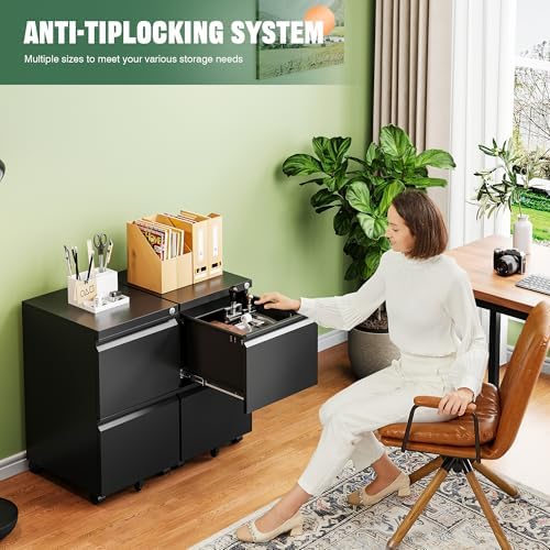 Letaya Mobile File Cabinet with Lock,2 Drawer Under Desk Metal Rolling Filing Cabinets for Home Office Organizer Letters/Legal/A4(Fully Assembled-Black) - Image 3