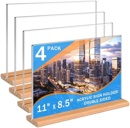Kersally Acrylic Sign Holder 11 x 8.5'', 4 Pack Double-Sided Clear Table Display Stands with Wood Base,Horizontal Acrylic Frame Menu Flyer Paper Holder for Store, Restaurant, Hotel, Office, Show Fair by Kersally