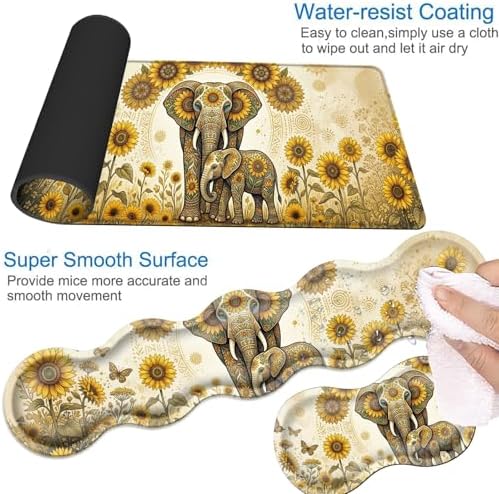 Desk Mat, Mouse Pad with Wrist Rest, 4-in-1 Large Mouse Pads for Desk, Ergonomic Mouse Pad and Keyboard Wrist Rest Gaming Keyboard Mat for Office,Sunflower Elephant - Image 3