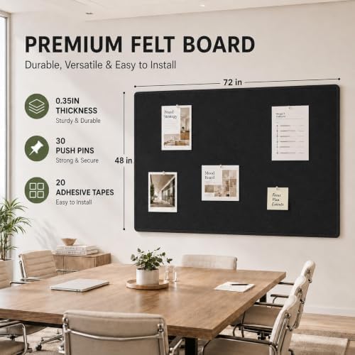 Black Large Felt Bulletin Board for Wall 72 x 48 Inch Frameless - Image 2