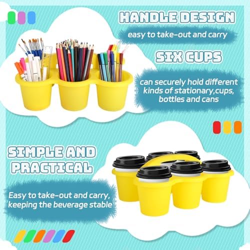 6 Pack Classroom Caddy Organizer with Handle, Plastic Art Caddy, Drink Cup Caddies Holder, 6 Compartments for Desk, Table, Office, Crafts, Crayon, Marker, Pencil, School Supplies (12 x 9 x 3.5 Inch) - Image 3