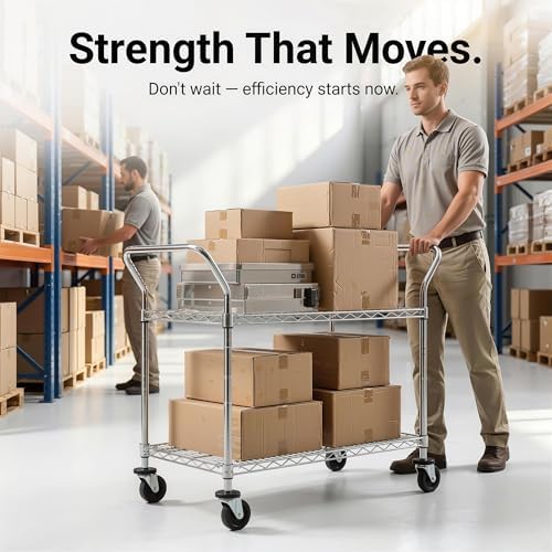 Finnhomy 2-Tier Commercial Grade Rolling Cart, Heavy Duty Utility Cart, Carts with Wheels and Handles, Kitchen Cart on Wheels, Metal Serving Cart with 700 lbs Capacity, Shelf Size 24" D x 48" W, NSF - Image 6