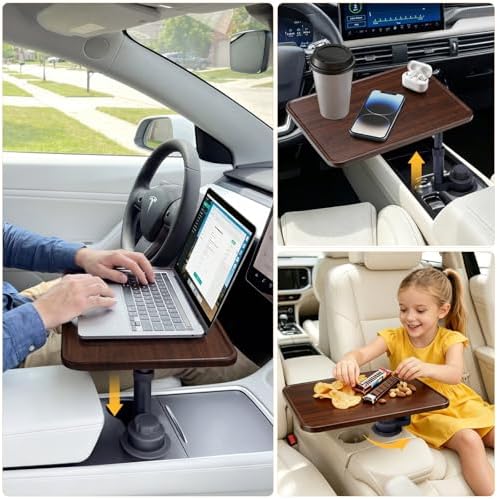 Car Desk for Laptop, 360° Rotation Wood Car Cup Holder Tray - Image 2