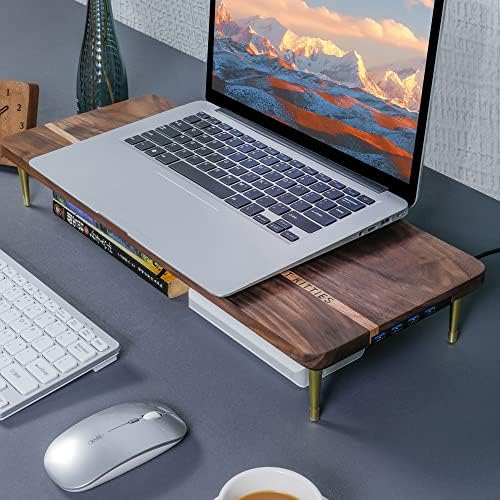 Monitor Stand Wood Riser with 4 USB Ports, Computer Monitor Stand with America Walnut Data Transfer Charging Hub -Compatible with Computer, Mac, PCs, Smartphone, 20.5*8.3in - Image 2