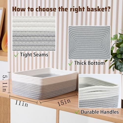 MiniArk Large Shallow Organizing Baskets 15x11x5.1 Inches - Rope Woven Storage Bins for Bathroom, Shelves, Cube Closet, Gradient Grey 4 Packs - Image 2