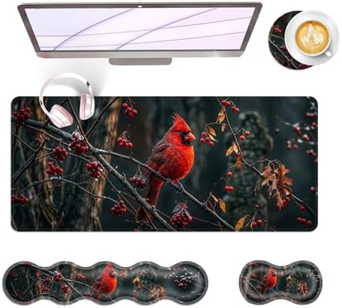Large Keyboard Mouse Pad Set, Extended Mouse Pad+Keyboard Wrist Rest Support, Memory Foam Ergonomic Easy Typing, 4Pcs (31.5×11.8 in) Desk Pad Set for Office Home,Cardinal Bird by Unknown