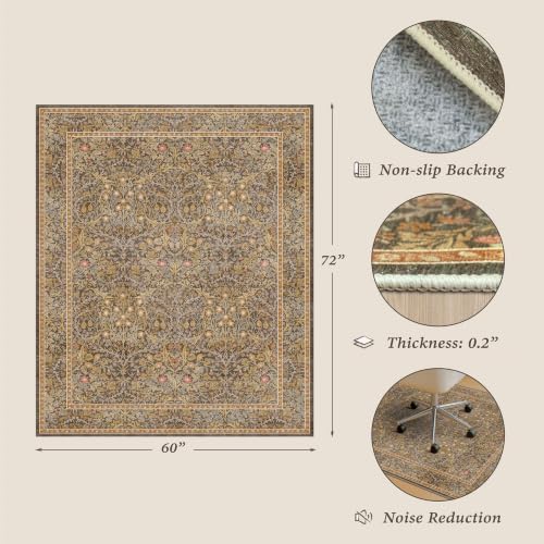 JTJ 5x6 Office Rug, Brown Vintage Floral, Washable Non Slip - Image 2