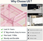 YASONIC 3 Tier Metal Rolling Cart, Pink Utility Storage Cart with Wheels - Image 3