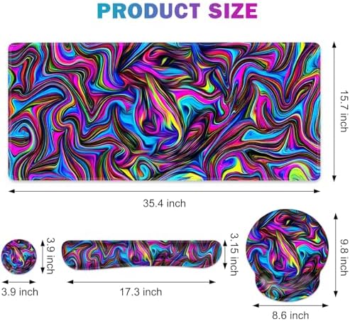 Gaming Mouse Pad, Large Desk Mat, Cute Desk Pad Protector, 4in1 XXL Mousepad + Keyboard Wrist Rest+Mouse Wrist Rest+Coaster Set with Ergonomic Desk Pad for Home Office Computer, Dazzling Bright Color - Image 2