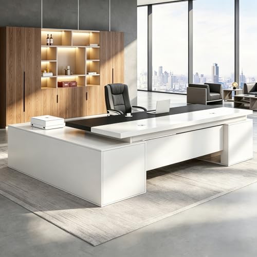 Executive Desk, L Shaped Executive Office Desk with Locking Drawer & File Cabinet, 1'' Thick Desktop, Large Office Desk with Storage, Modern Executive Computer Workstation for Home Office & Business by Unknown