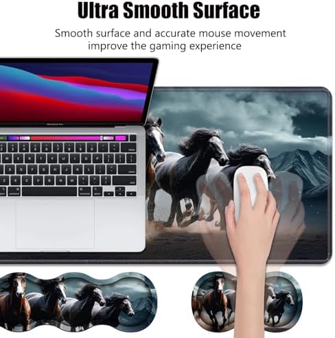 4 in 1 Ergonomic Memory Foam Mouse Pad Wrist Rest Set, Large XXL Gaming Desk Pad + Keyboard Wrist Rest + Mouse Wrist Cushion + Coaster for Home Office Study Gaming, Running Horses - Image 3