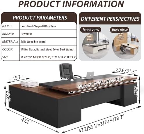 Executive Desk, L Shaped Executive Office Desk with Locking Drawer & File Cabinet, 1'' Thick Desktop, Large Office Desk with Storage, Modern Executive Computer Workstation for Home Office & Business - Image 2