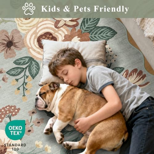 DUKINO 2.6x8 Runner Rug, Floral Washable Kitchens Rug Non Slip, Sage Green - Image 4