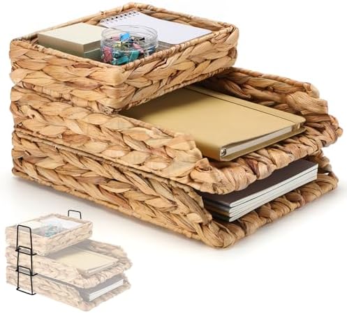 Geelin 3 Pack Water Hyacinth Woven Stackable Letter Paper Tray, Primary by Geelin