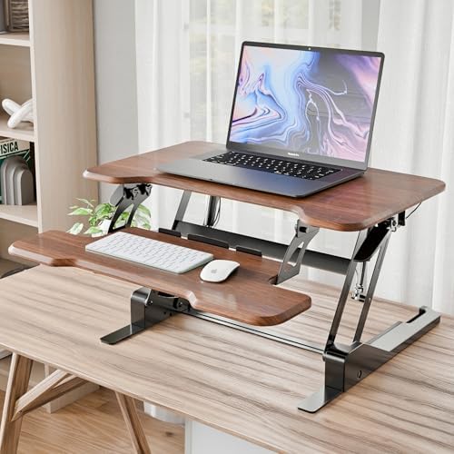 Mount-It! Height Adjustable Standing Desk Converter, Compact 30” Wide Tabletop Standing Desk Riser with Gas Spring, Desktop Stand Up Workstation with Keyboard Tray Fits Monitor or Laptop, Dark Walnut - Image 2