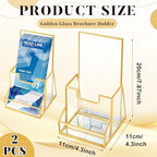 Fuyoooo 2 Pcs 4 Inches Gold Glass Brochure Holder Countertop Literature Trifold Pamphlet Stand with Business Name Card Holder Flyer Brochure Display for Magazine, Booklets, Menu, Journals Display - Image 3