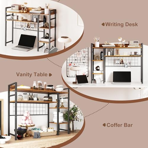 WAYTRIM Desk Shelf, Wood Desk Organizer Shelf 4 Tier Countertop Desktop Bookshelf Cubicle Storage Rack Top of Desk, Desk Hutch Dorm for Top of Desk Pegboard Hooks Set Desktop Display Rack (Brown) - Image 4