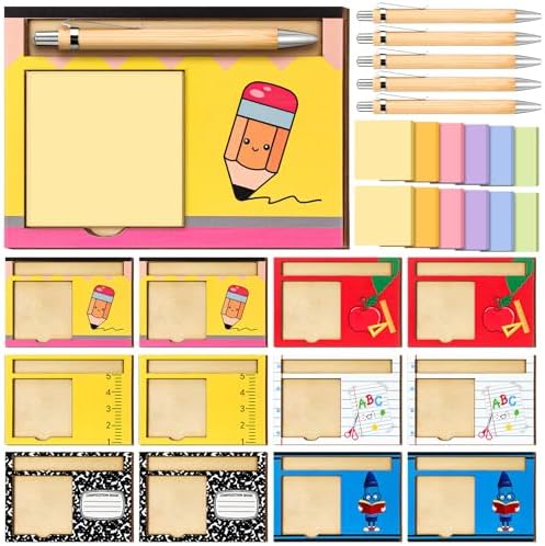 Fullhawl 36 Pcs Back to School Teacher Gifts Set Wood Sticky Note Pad Holder with Sticky Notes Bamboo Pens Pencil Apple Crayon Ruler Composition Notebook Thank You Gift for Teacher Staff Office Supply by Fullhawl