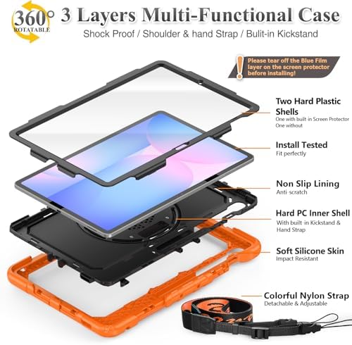 SEYMAC stock Case for Samsung Galaxy Tab S10 FE+ Plus 5G Tablet Case 13.1'' Protective with Screen Protector, Pen Holder, 360 Rotate Stand, Hand Strap, Shoulder Strap, Orange1 - Image 6