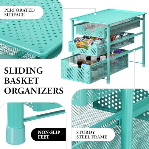 Simple Houseware Stackable 3 Tier Slide Basket Organizer Drawer, Turquoise - Image 4
