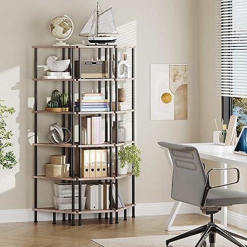 HOOBRO Corner Shelf Stand, Industrial 6-Tier Corner Bookshelf with Metal Frame, Plant Display Shelf, Bookcase for Small Spaces, Living Room, Greige and Black BG36CJ01 - Image 4