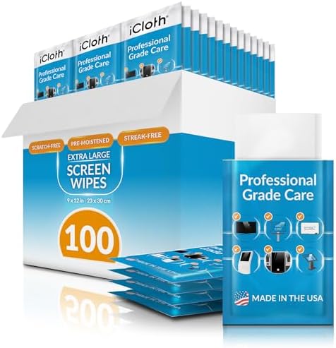 iCloth XL Screen Cleaning Wipes, Lint-Free and Streak-Free, Fast-Drying, Removes Dust, Fingerprints, and Smudges (100 XL Wipes) by iCloth