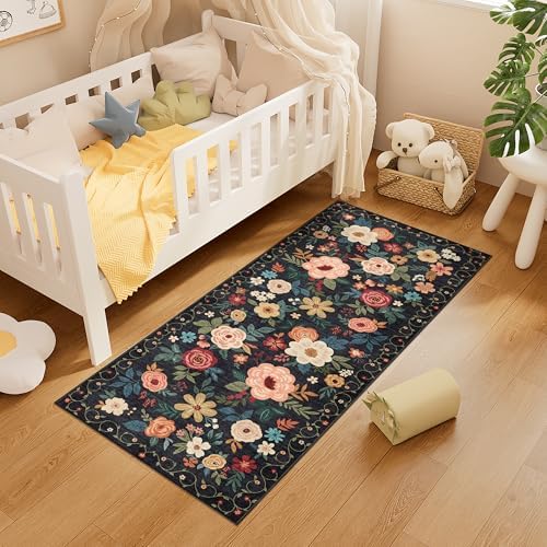 DUKINO 2x5 Runner Rug, Floral Washable Rug for Kitchen Non Slip, Black - Image 4