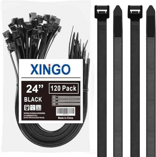 XINGO 24 Inch Black Zip Ties Heavy Duty 120 Pack, 330 LBS Ultra Exclusive Strong Plastic Wire Ties, Large Cable Ties Extra Long Tie Wraps For Indoor and Outdoor Use by XINGO
