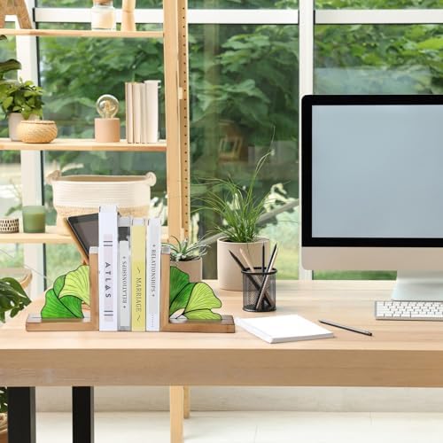 Maitys Ginkgo Leaves Bookends Oak Base, Green for Desk Shelves - Image 5