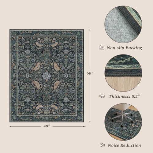 Office Chair Mat for Hardwood Floors, Blue Botanical Under Desk Rug with Bird Pattern, 4x5 Low Pile Floor Protector for Rolling Computer Chairs, Anti-Slip Washable Stain Resistant Mat - Image 2