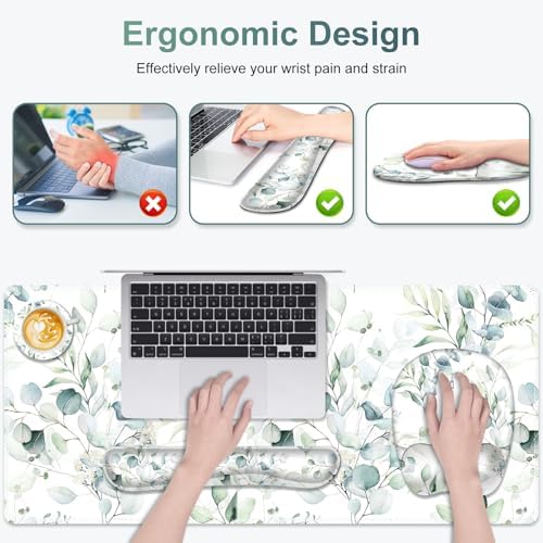 Large Mouse Pad with Wrist Support 4in1 Set, XXL Big Game Mousepad +Keyboard Wrist Rest+Mouse Wrist Rest+Coaster with Ergonomic Design Gaming Mat for Home Office Computer I Eucalyptus Branches - Image 2