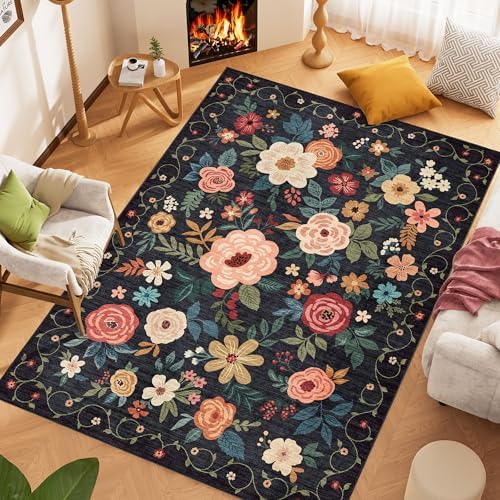 DUKINO 5x7 Area Rugs, Floral Washable Rug for Living Room Non Slip, Black - Image 4