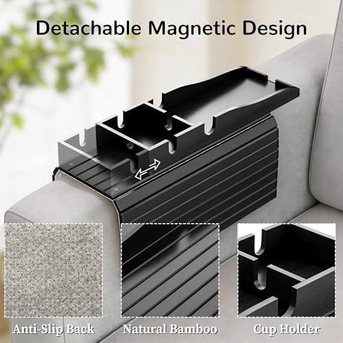 Korser Couch Armrest Table, Sofa Arm Tray with Removable Cup Holder, 2 in 1 Anti-Slip Armrest Tray Table for Couch, Bamboo Foldable Couch Cup Holder for Drinks Snacks Phone Remote Control - Image 4