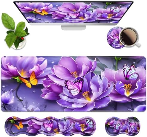 4 in 1 Ergonomic Memory Foam Mouse Pad Wrist Rest Set, Large XXL Gaming Desk Pad + Keyboard Wrist Rest + Mouse Wrist Cushion + Coaster for Home Office Study Gaming, Purple Flowers and Butterfly by Unknown