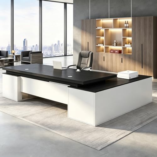 Executive Desk, L Shaped Executive Office Desk with Locking Drawer & File Cabinet, 1'' Thick Desktop, Large Office Desk with Storage, Modern Executive Computer Workstation for Home Office & Business by Unknown