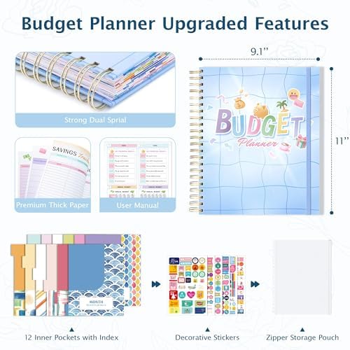 Ospelelf Budget Planner Undated, Money Expense Tracker with Pockets & Stickers, Thick Cardboard Cover, Large Pages for Spacious Writing, Original Fun Colorful Design, 12 Month Financial Notebook, Blue Pool - Image 2