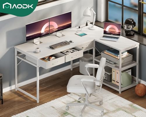 AODK 53 Inch L Shaped Computer Desk with Drawers, Corner Desk with Power Outlets & Reversible Storage Shelves, for Home Office Gaming, White - Image 3