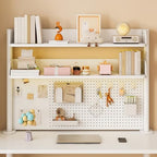 31.4in Clamp on Desk Shelf with Pegboard, White Desktop Bookshelf Organizer - Image 3