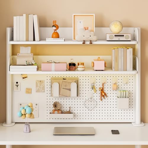31.4in Clamp on Desk Shelf with Pegboard, White Desktop Bookshelf Organizer - Image 3
