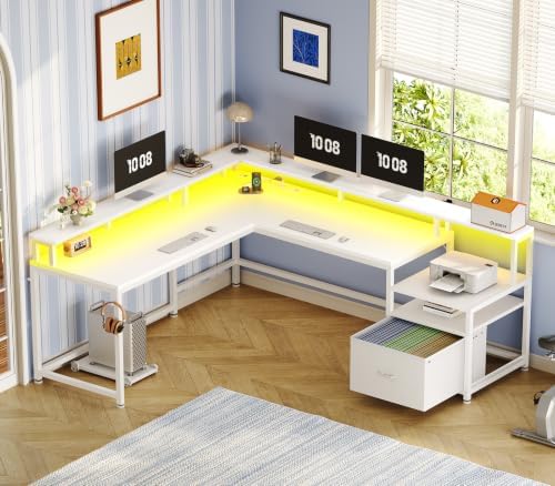 SEDETA 66" Reversible L Shaped Computer Desk with Power Outlet, File Drawer by SEDETA