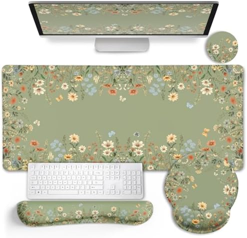 LIMKRIAN Floral Desk Mat Set, Cute Green Desk Accessories Gifts for Women by LIMKRIAN