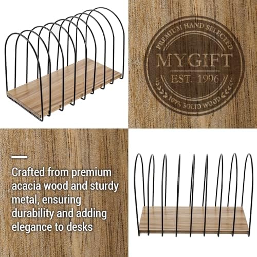 MyGift 14 Inch Large Desktop Document Holder, Premium Acacia Solid Wood and Black Metal Wire Arch 8 Section File Folder Storage Rack, Office Desk Organizer - Image 2