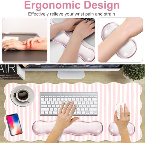 L-SPOUTTO Pink Striped Mouse Pad Set,Scalloped XXL Desk Mat + Ergonomic Mouse Wrist Rest + Gel Keyboard Wrist Rest for Keyboard 65%/75%,3in1 Large Desk Pad for Desktop Home Office Computer Game - Image 6